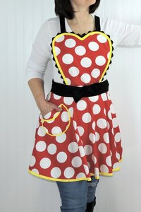 SHIPS FAST - Red Polka Dot Twirly Skirt Apron with heart-shaped bib, flirty kitchen apron, delightful cosplay apron- ready to ship