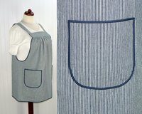 Indigo Railroad Stripe Denim Pinafore with no ties, relaxed fit blue jean apron, sturdy artist smock XS to 5X
