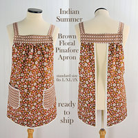 SHIPS FAST~ Indian Summer Brown Floral Pinafore, retro hostess apron, relaxed fit smock with pockets fits L/XL/2X, ready to ship