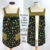 SHIPS FAST Christmas Trees on Black Pinafore with no ties, relaxed fit smock with pockets fits L/XL/2X, one of a kind holiday apron