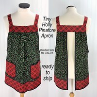 SHIPS FAST Tiny Holly Pinafore with no ties, relaxed fit smock with pockets, Holly and Plaid Christmas Apron, standard size fits L/XL/2X