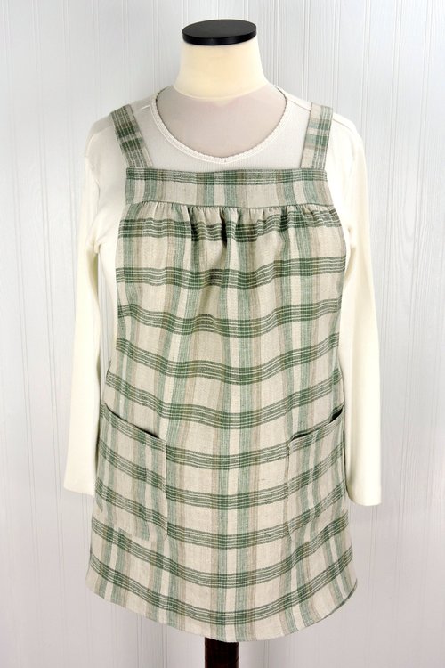 Neutral Plaid Washed Linen Pinafore Apron with no ties, 100% linen smock with pockets, made to order XS - Plus sizes