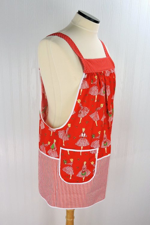 SHIPS FAST~ Retro Holiday Hostess Pinafore Apron with no ties, relaxed fit smock with pockets, red and white Christmas apron fits L/XL/2X