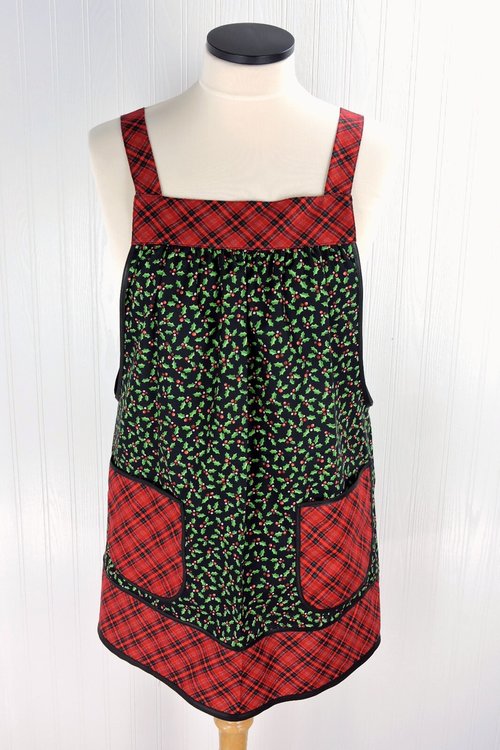 SHIPS FAST Tiny Holly Pinafore with no ties, relaxed fit smock with pockets, Holly and Plaid Christmas Apron, standard size fits L/XL/2X