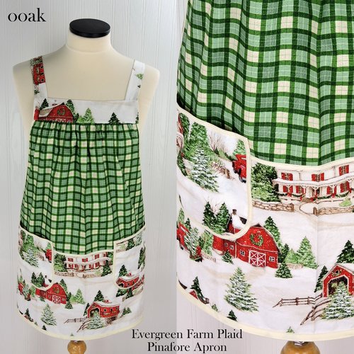 SHIPS FAST~ Evergreen Farm Plaid Pinafore with no ties, ooak relaxed fit smock with pockets, Snowy Winter Scene Apron fits L/XL/2X