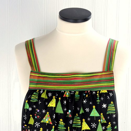 SHIPS FAST Christmas Trees on Black Pinafore with no ties, relaxed fit smock with pockets fits L/XL/2X, one of a kind holiday apron