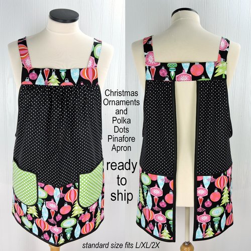 SHIPS FAST Christmas Ornaments and Polka Dots Pinafore with no ties, relaxed fit smock with pockets fits L-XL-2X, Holiday Hostess Apron