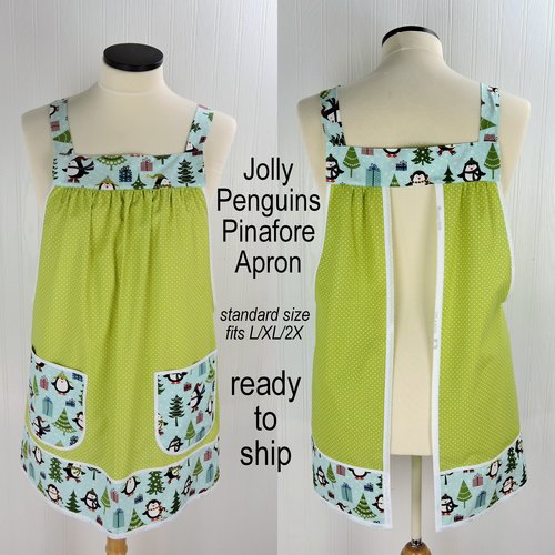 SHIPS FAST Jolly Penguins Pinafore Apron with no ties, relaxed fit smock with pockets, cute Christmas Apron fits L/XL/2X