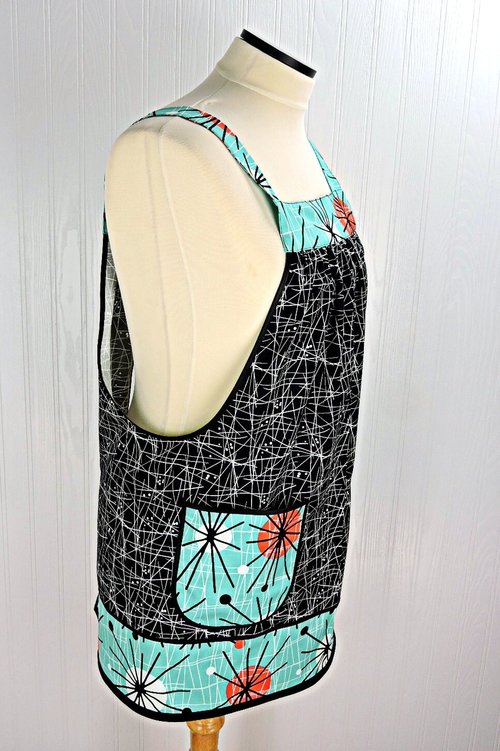 SHIPS FAST~ Atomic Pinafore Apron,  relaxed fit apron with no ties, retro mid-century modern smock with pockets, OOAK last one ready to ship