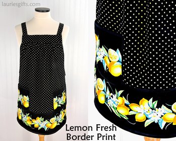 Lemon Fresh (Border Print) Pinafore Apron with no ties, relaxed fit smock apron made to order XS to 5X, spring & summer retro citrus apron