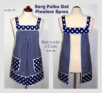 Navy Polka Dot Pinafore Apron with no ties, Relaxed Fit Farmhouse Smock with pockets,  made-to-order XS to 5X