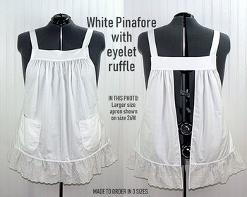 XS to 5X White Pinafore Apron with eyelet ruffle, relaxed fit smock with pockets, cosplay apron handmade after order