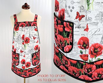 Paris Toile with Poppies Pinafore Apron with no ties (XS- 5X) relaxed fit smock apron with pockets, made after order