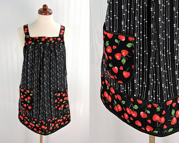 Sweet Cherry Hearts Pinafore Apron with no ties, relaxed fit smock apron with pockets, made to order to fit XS - 5X