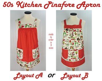 50s Kitchen Pinafore Apron with no ties, smock apron with pockets made-to-order XS to 5X, select fabric arrangement options