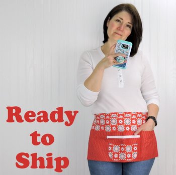 SHIPS FAST~ Red and Aqua Teacher Half Apron with money pocket, multi-pocket apron with zipper, Ready to Ship, fits waists up to 40 inches