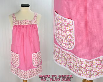 Daisies & Pin Dots on Pink Pinafore Apron with no ties, relaxed fit smock apron with pockets, made to order (XS - 5X)