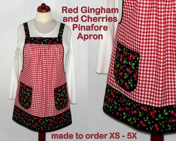 XS to 5X Red Gingham and Cherries Pinafore Apron with no ties, relaxed fit smock with pockets, retro kitchen apron