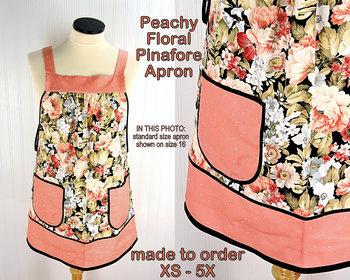 Peachy Floral Pinafore with no ties, relaxed fit smock with pockets, made to order XS to 5X plus size, pretty flower apron