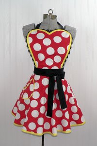 Red Polka Dot Twirly Skirt Apron with heart-shaped bib, flirty kitchen apron, delightful Minnie cosplay apron- ready to ship
