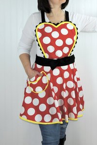 Red Polka Dot Twirly Skirt Apron with heart-shaped bib, flirty kitchen apron, delightful Minnie cosplay apron- ready to ship