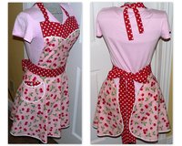 Pink Cherry Dot Twirly Skirt Apron (sweetheart neckline) flirty photo prop, retro diner apron with pocket, one size