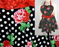 Retro 50s Twirly Skirt Apron (Polka Dots & Roses on black) heart-shaped bib, flirty photo prop, ready to ship gift for her