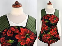 Retro 50s Christmas Smock, Large Poinsettias on Black relaxed fit H-back apron, 1st sample available (fits L/XL) SHIPS FAST