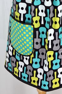 Groovy Guitars Pinafore Apron with no ties, relaxed fit smock with pockets, Lagoon colorway, ready to ship, fits L/XL/2X
