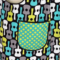 Groovy Guitars Pinafore Apron with no ties, relaxed fit smock with pockets, Lagoon colorway, ready to ship, fits L/XL/2X