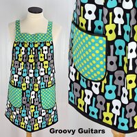 Groovy Guitars Pinafore Apron with no ties, relaxed fit smock with pockets, Lagoon colorway, ready to ship, fits L/XL/2X