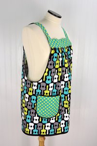 Groovy Guitars Pinafore Apron with no ties, relaxed fit smock with pockets, Lagoon colorway, ready to ship, fits L/XL/2X