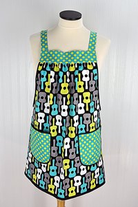 Groovy Guitars Pinafore Apron with no ties, relaxed fit smock with pockets, Lagoon colorway, ready to ship, fits L/XL/2X