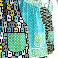 Groovy Guitars Pinafore Apron with no ties, relaxed fit smock with pockets, Lagoon colorway, ready to ship, fits L/XL/2X