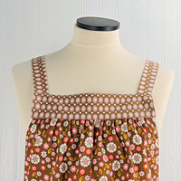 Indian Summer Brown Floral Pinafore, retro hostess apron, relaxed fit smock with pockets fits L/XL/2X, ready to ship