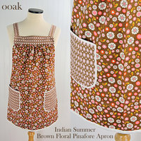 Indian Summer Brown Floral Pinafore, retro hostess apron, relaxed fit smock with pockets fits L/XL/2X, ready to ship