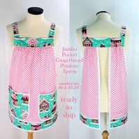 Jumbo Pocket Gingerbread Pinafore with no ties, relaxed fit smock with pockets, Christmas Hostess Apron fits L/XL/2X, ships fast