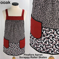 Scrappy Roller Skates Pinafore Apron with no ties, relaxed fit smock with pockets, fun kitchen apron fits L/XL/2X, ready to ship now