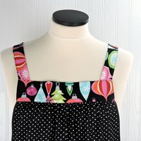 Christmas Ornaments and Polka Dots Pinafore with no ties, relaxed fit smock with pockets fits L-XL-2X, Holiday Hostess Apron ships fast
