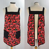 Red Poppies on Black Pinafore Apron with no ties, loose-fitting smock with pockets, pretty hostess apron, ready to ship fits L/XL/2X