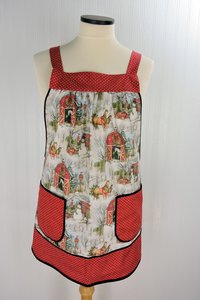 Snowy Christmas Barnyard Pinafore with no ties, relaxed fit smock with pockets, red barn, horses, snowman scene, made-to-order XS to 5X