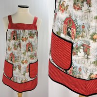 Snowy Christmas Barnyard Pinafore with no ties, relaxed fit smock with pockets, red barn, horses, snowman scene, made-to-order XS to 5X