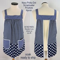 Navy Polka Dot Scrapbuster Pinafore, relaxed fit smock with pockets, comfortable (doesn't touch neck) Standard Size (fits L/XL/2X) ships now