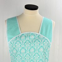 Aqua Petite Damask Retro 50s Smock Apron, relaxed fit "H-back" doesn't touch neck, no pockets, LAST ONE is ready to ship (fits L/XL)