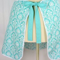 Aqua Petite Damask Retro 50s Smock Apron, relaxed fit "H-back" doesn't touch neck, no pockets, LAST ONE is ready to ship (fits L/XL)