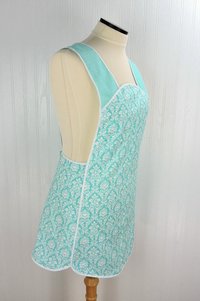 Aqua Petite Damask Retro 50s Smock Apron, relaxed fit "H-back" doesn't touch neck, no pockets, LAST ONE is ready to ship (fits L/XL)