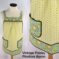 Vintage Paisley Pinafore Apron with no ties, relaxed fit smock with pockets fits L/XL/2X, Grandmacore kitchen, Ready to Ship