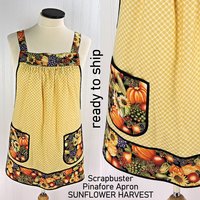 Sunflower Harvest Scrapbuster Pinafore with no ties (straps go straight over the shoulders) relaxed fit smock with pockets L/XL/2X ships now