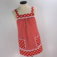 Red Polka Dot Pinafore with no ties (straps go straight over the shoulders) relaxed fit smock apron with pockets, made to order XS to 5X