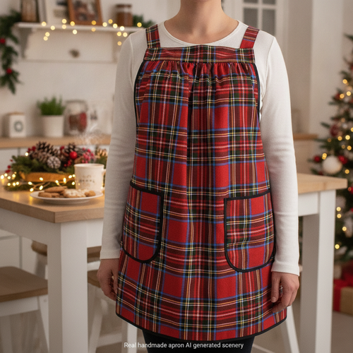 Christmas Plaid Pinafore with no ties, relaxed fit smock with pockets, LAST ONE handmade after order